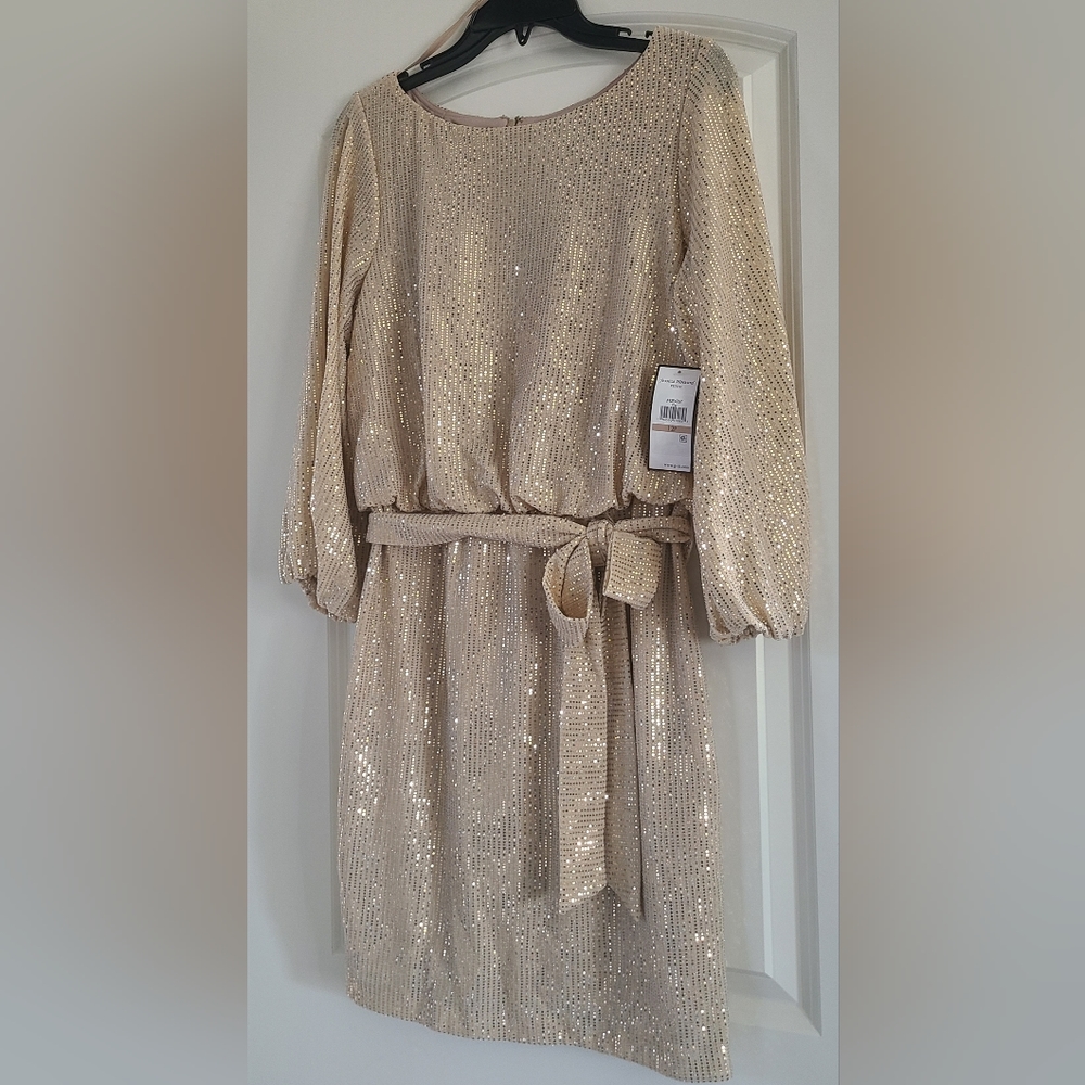 +Jessica Howard Petite 3/4 Split Sleeve Boat Neck Tie Waist Blouson Dress